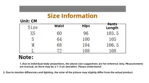 Size chart for leopard print wide leg track pants with detailed waist and hip measurements