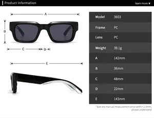 Detailed technical diagram showing square UV400 sunglasses dimensions and PC frame measurements