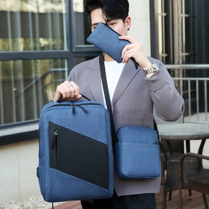 Three-piece men's Oxford business backpack set with crossbody and clutch in blue-grey