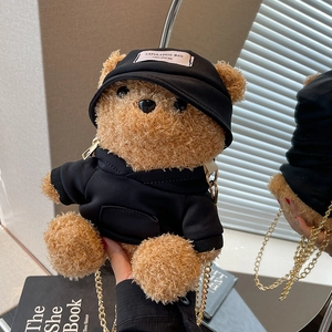 Süße Teddybär Plüsch Umhängetasche mit schwarzem Hoodie und goldener Kette für Damen