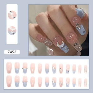 Pastel long coffin press-on nails with blue-pink gradient, moon charms and silver rhinestones