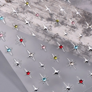 3D silver star nail art stickers with multi-color rhinestones, model XI-N02 for DIY manicure