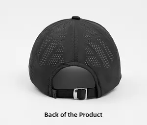 Detail of laser-cut ventilation holes and adjustable metal buckle on black sports cap