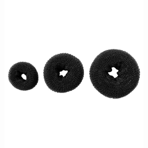 Three-piece black hair donut bun maker set in small medium and large sizes for girls