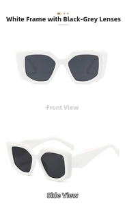 Detail of oversized white geometric sunglasses with grey lenses in front and side view