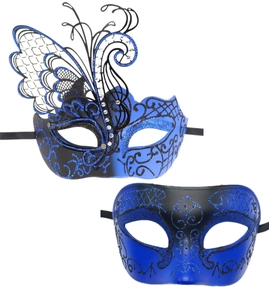 Detail of blue and black gradient butterfly mask with rhinestones and gold glitter