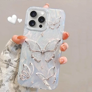 Silver 3D butterfly iPhone case with pearlescent finish and sparkling star patterns