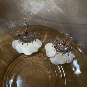 French vintage style shell earrings with blue crystal square stud and golden fan shape