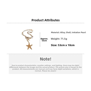 Detail view of starfish and seashell necklace with pearls and product dimensions