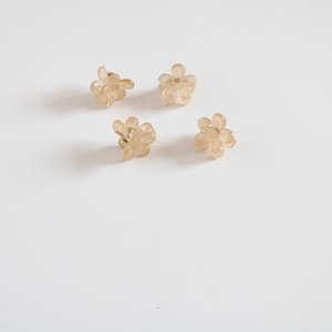 Détail de petites pinces à cheveux en résine translucide en forme de fleurs sur fond blanc