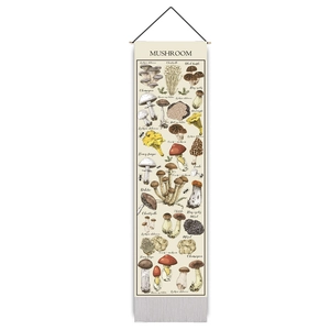 Close-up of vintage mushroom botanical wall hanging with wooden scroll and canvas print