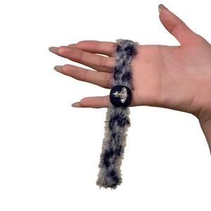 Faux fur rhinestone planet choker necklace in blue grey knit for trendy women