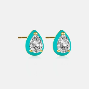 Detail of pear-shaped gold studs featuring turquoise enamel and clear teardrop zircon
