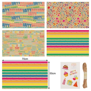 5-pattern kraft paper birthday gift wrap set with jute twine, 70x50cm sheets