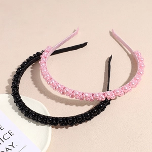 Elegant beaded headband set featuring pink and black designs with faux pearl embellishments