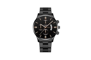Detail of black quartz watch face featuring triple chronographs and calendar display