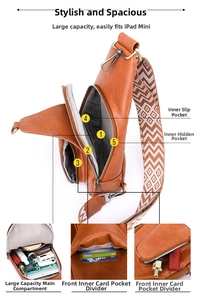Macro view of a brown vintage PU crossbody bag showing interior compartments and card slots