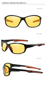 Three views of sports polarized sunglasses in black and yellow with C3 lens detail