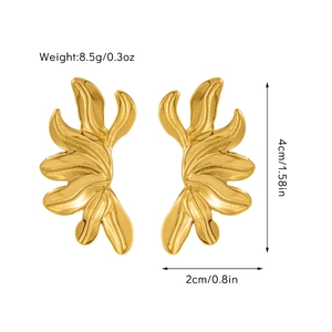 Detailed view of gold plated 18K stainless steel fan earrings with dimensions and weight