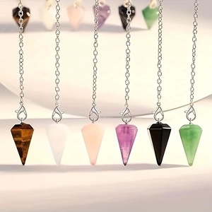 Hexagonal crystal quartz pendulum pendants in tiger eye, amethyst and varied gemstones