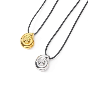 Elegant 18k gold and silver ocean conch pendant necklaces with black rope chains on white base