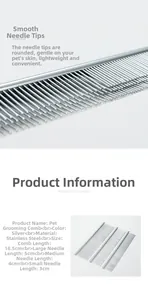 Detailed view of stainless steel pet grooming comb with smooth needles in three sizes