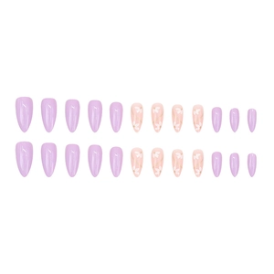 Taro purple stiletto press-on nails set with 24 pieces featuring white floral and butterfly designs