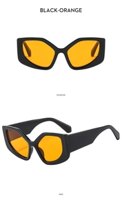 Dual view of black geometric sunglasses with vibrant orange lenses from front and side