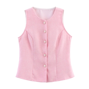 Elegante rosa Tweed-Weste mit Perlenknöpfen und strukturiertem Rundhals für Damen