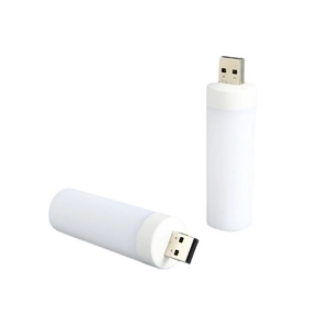 Minimalist white USB night light with dynamic flame effect and compact plug-in design