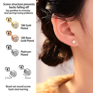 925 Sterling Silver Round Rhinestone Stud Earrings Screw Back Minimalist Bezel Set Gold Rose Gold Silver Jewelry For Women