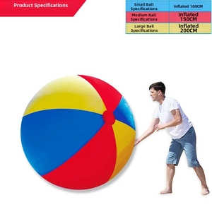 Size comparison chart for colorful inflatable beach balls in 100cm, 150cm and 200cm