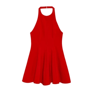 Fashionable red halter neck backless mini dress with wavy hem for women’s summer outfits