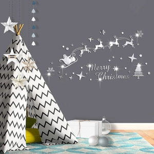 Silver mirror acrylic wall stickers with Santa sleigh and Merry Christmas text for holiday decor