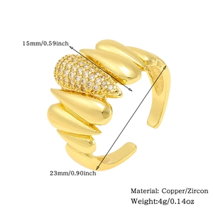 Detailed size specifications for gold adjustable ring featuring pavé-set zircon stones