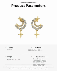 Macro detail of S925 sterling silver crescent moon and star earrings with 5A cubic zirconia