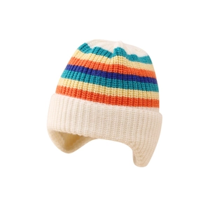 Winter infant knit hat with colorful rainbow stripes and ear protection for baby boys