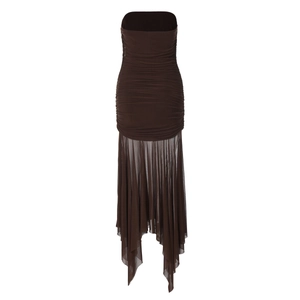 Detail showing dark brown strapless bodice with ruching and sheer mesh hem