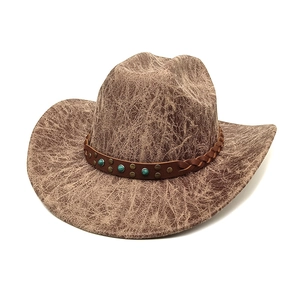 Retro western cowboy hat in marble texture with braided leather band and turquoise studs
