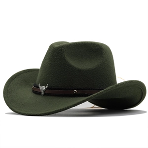 Chapeau de cowboy western en feutre de laine vert foncé avec bandeau en cuir et boucle de buffle