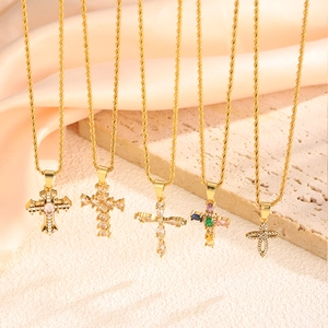 Stainless Steel Cross Pendant Necklace For Women Gold Plated Rhinestone Inlaid Religious Fashion Jewelry Cross Chain Necklace