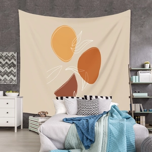 Detail of bohemian tapestry hanging on grey wall as a modern bedroom headboard background