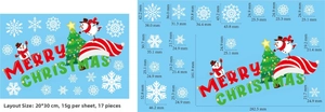 Detaillierte Größentabelle für Weihnachtsaufkleber mit Maßen für Schneemann und Flocken