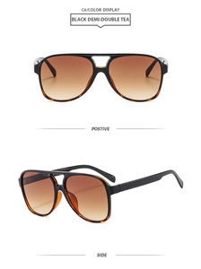 Detailed front and side view of classic pilot sunglasses with double tea gradient lenses