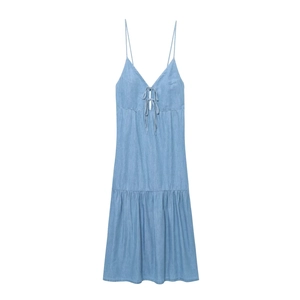 Women Spaghetti Strap Denim Midi Dress V-Neck Bow Tie Tiered Hem Backless Vacation Chic Light Blue