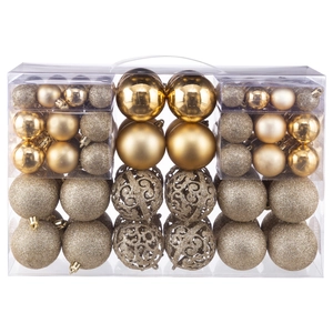 Set of gold and champagne Christmas ball ornaments in varied sizes and textures
