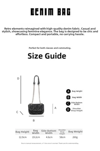 Size guide for denim quilted chain bag showing dimensions, weight, and strap drop length