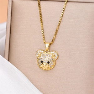 Gold box chain necklace featuring a sparkling full-paved zircon teddy bear pendant