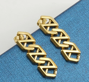 Macro shot of 18K gold plated stainless steel geometric hollow chain earrings