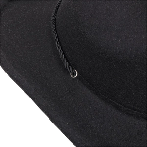 Macro detail of high-quality black wool felt hat with twisted rope and metal eyelet